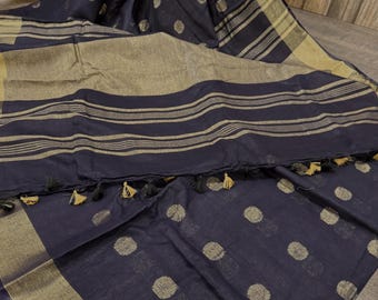 Dark Navy Blue Cotton Linen Saree / Free Shipping in US