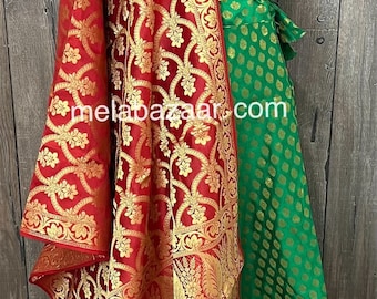 Green brocade lehenga skirt with Red Banarsi dupatta / One size fits most/ Free Shipping in US
