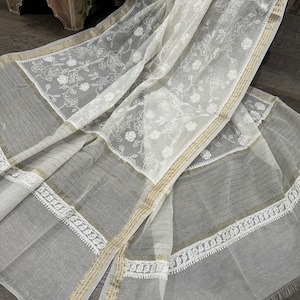 Chikankari Off White Cotton Silk Dupatta /stole/wrap, Free Shipping in US