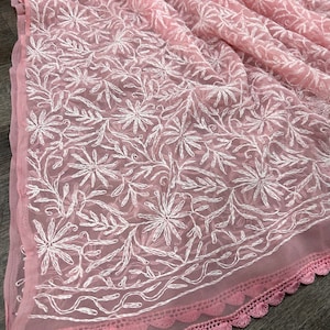 Peachy Pink Chikankari Georgette Dupatta / Hand Embroidered / Free Shipping in US