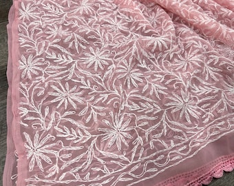 Peachy Pink Chikankari Georgette Dupatta / Hand Embroidered / Free Shipping in US