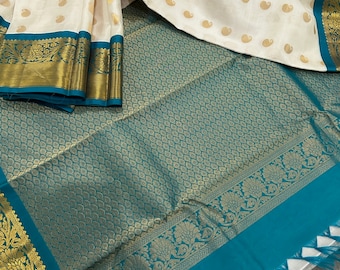 Teal and White Pure Silk Kanjivaram Saree / Silk Mark Certified / Free Shipping In US