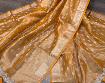 Orangy Yellow Tissue Banarasi  Dupatta /Stole/Wrap, Free Shipping in US