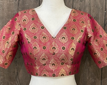 Rani Pink Banarasi Saree Blouse / Free Shipping in US