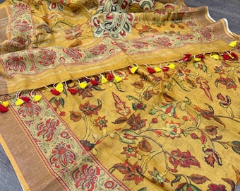 Mustard Printed Pure Linen Saree / 100 count linen /Free Shipping In US