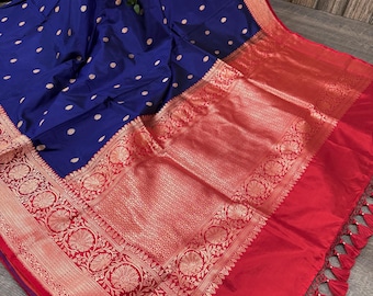 Pure Katan Silk Blue Banarasi Handloom Saree / Free Shipping In US