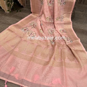 Pink Floral Banarasi Dupatta / Pure Chanderi Silk by Cotton / Free Shipping in US