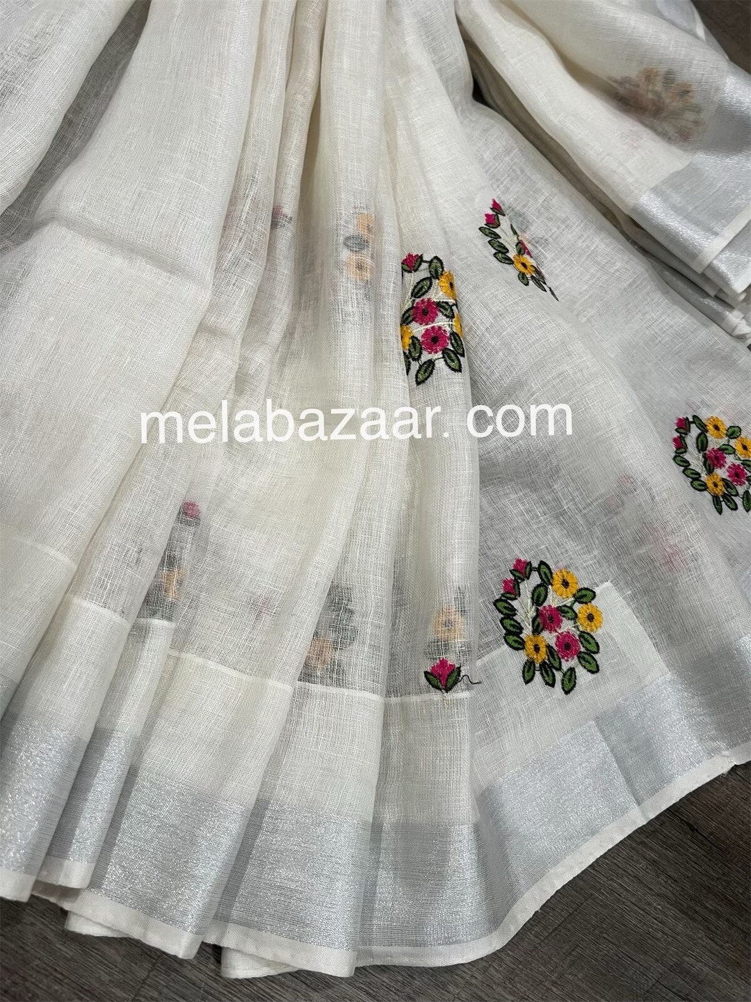 White Pure Linen Saree Embroidered / 100 Count Linen Saree / Free