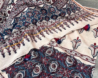 Handblock Print Chanderi Silk by Cotton Saree with Zari Border /Free Shipping In US