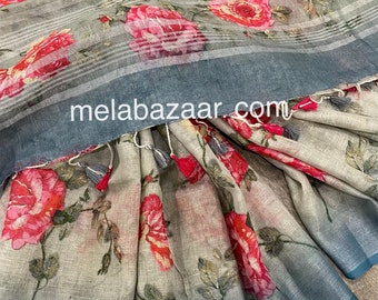 Gray Floral Pure Linen Saree / 100 count linen/ Free Shipping In US