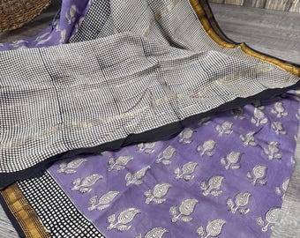Handprinted Lavender Chanderi Silk Cotton Saree /Fall Attached /Free Shipping In US