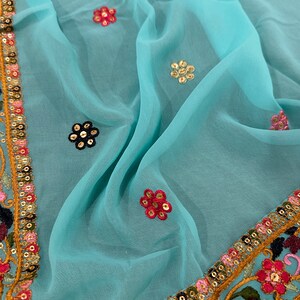 Blue georgette dupatta with floral border lace