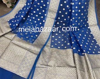 Blue Banarsi Organza Handlooom Dupatta / Stole/Wrap/ Free Shipping in US