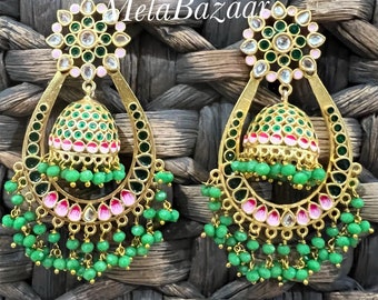 Gold and Green Jhumka Earrings/ Free Shipping in US