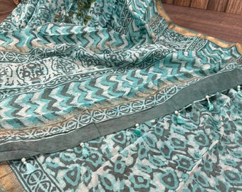 Aqua Blue Bagru Hand Printed Silk Cotton Saree /Fall Attached /Free Shipping In US