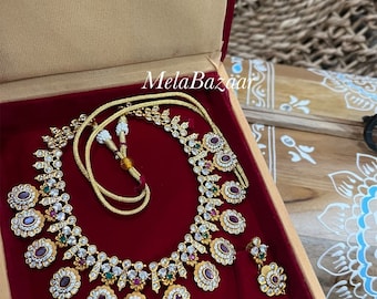 Studded necklace and earrings set/ CZ, Ruby red and green stones/ Free Shipping in US