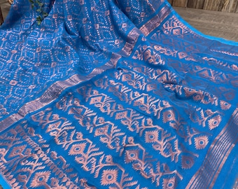Rose Gold and Blue Jamdani Saree / Fall Attached/ Free Shipping in US
