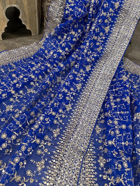Royal Blue Organza Dupatta /Stole /Wrap, Free Shipping in US