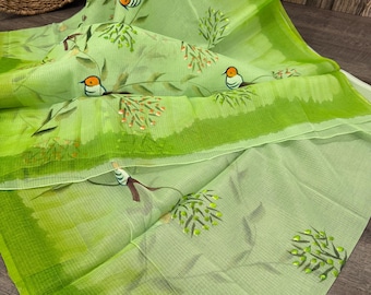 Hand Painted Green Cotton Blend Kota Saree /Free Shipping In US