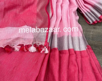 Baby Pink Pure Linen Saree / 100 Count Saree / Free Shipping In US