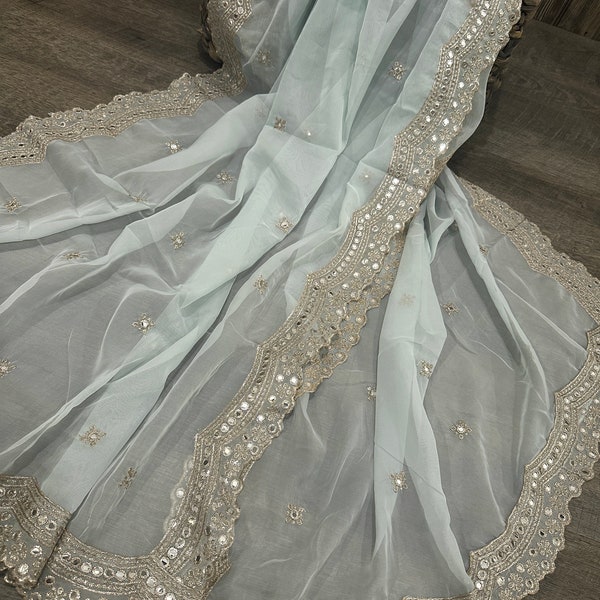 Lightweight Powder Blue Organza Dupatta /Stole/Wrap/ Free Shipping in US