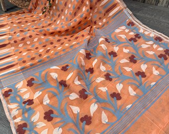 Orangy Peach Soft Jamdani Saree /Fall Attached /Free Shipping In US