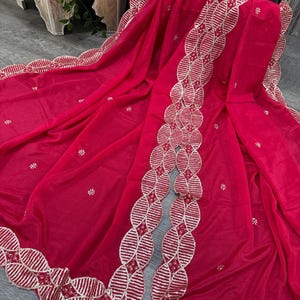 Ruby red embroidered dupatta on vegan crepe silk / stole / wrap / Free Shipping in US