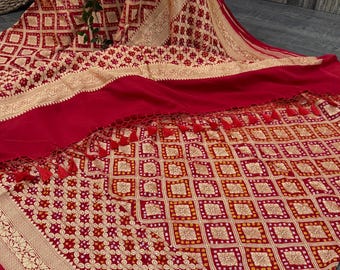 Red Bandhej Banarsi Pure Khaddi Georgette Saree / Free Shipping in US