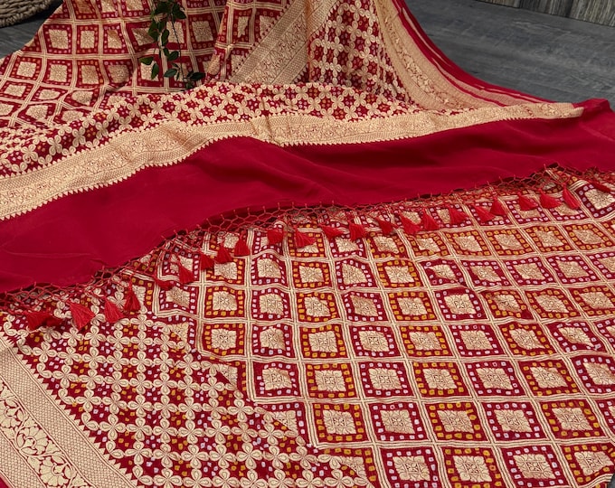 Featured listing image: Red Bandhej Banarsi Pure Khaddi Georgette Saree / Free Shipping in US