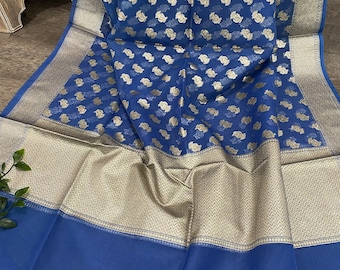 Blue Banarsi Organza Handlooom Dupatta /Stole/Wrap/ Free Shipping in US