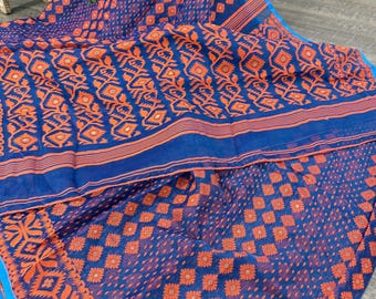 Soft Jamdani Saree /Royal blue and Orange/Fall Attached/ Free Shipping in US
