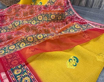 Mustard Yellow Pure Cotton Kota Saree Hand Printed /Free Shipping in US