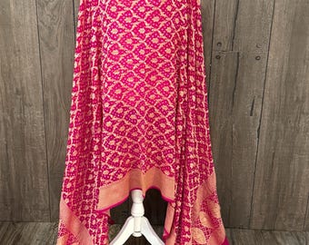 Pink Bandhej Banarasi Dupatta /Stole/Wrap/ Pure Silk Georgette / Free Shipping in US