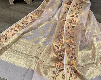 Barely Pink Pure Kota Silk Dupatta with Meenakari /Free Shipping in US