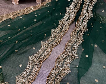 Sequins Dark Bottle Green Net Dupatta /Stole/Wrap, Free Shipping in US