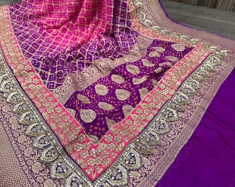 Pure Georgette Purple and Pink Banarsi Bandhej Saree with Blouse / Size 34 / Free Shipping in US