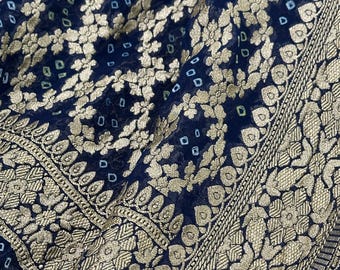 Navy Blue Bandhej Banarasi Dupatta /Stole/Wrap/ Pure Silk Georgette / Free Shipping in US