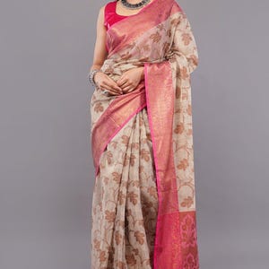 Banarsi Gold Soft Tissue Saree / Vegan Saree/Fall attached /Free Shipping In US