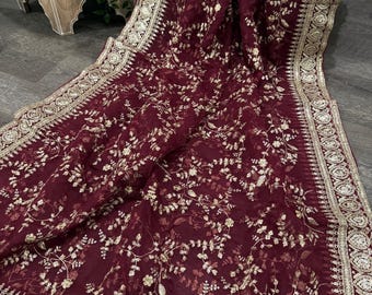 Embroidered Maroon Organza Dupatta /Stole/Wrap, Free Shipping In US