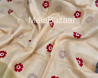 Peach Pure Linen Saree / Embroidered Saree with Zari Border /Free Shipping In US