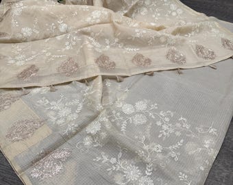 Ivory Kota Cotton Silk Saree with Pitta Work /Fall Attached  Free Shipping In US