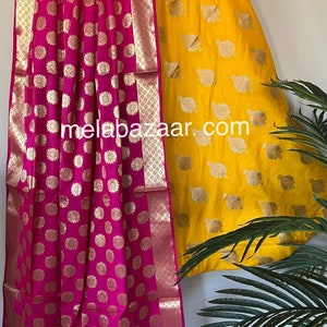 Yellow Banarsi Lehenga Skirt and Dupatta  / Free Shipping in US