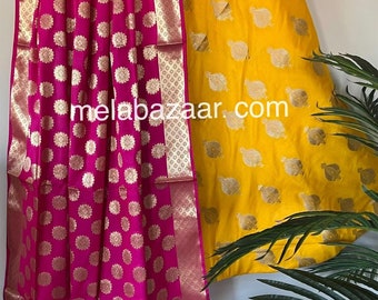 Yellow Banarsi Lehenga Skirt and Dupatta  / Free Shipping in US