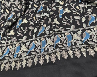 Embroidered Black Pure Wool Shawl/ wrap / scarf/ stole / 80 by 28 inches/ Free Shipping in US