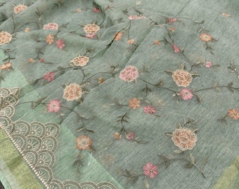 Mint Green Jute Silk Jamdani Saree / Fall Attached/ Free Shipping in US