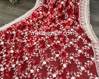 Red embroidered net dupatta /stole/wrap, Free Shipping in US