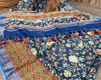 Floral Printed Pure Linen Saree / 100 count linen saree /Free Shipping In US