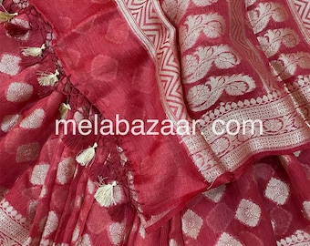 Red Silk Linen Saree / Banarasi Linen Saree/Free Shipping In US