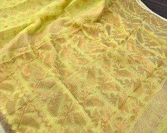 Light Yellow Jamdani Saree / Fall Attached/ Free Shipping in U.S.