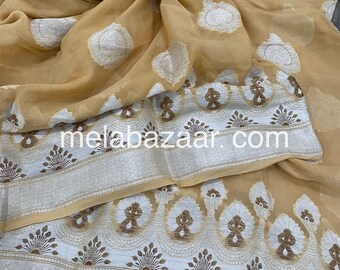 Banarsi Pure Chiffon Beige Saree/ Silver Zari/ Free Shipping in US